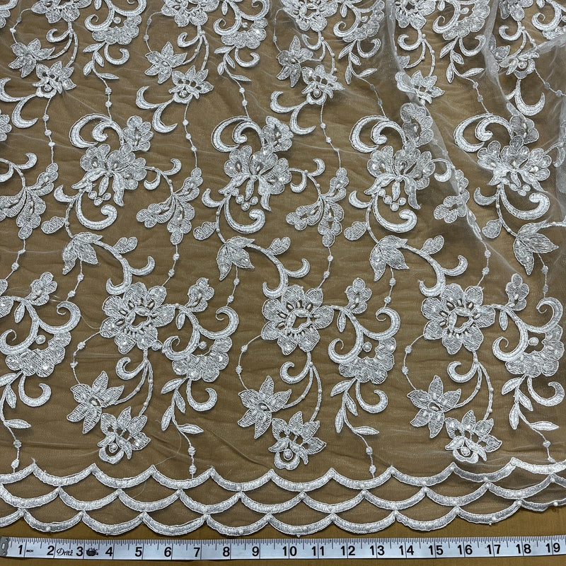 Beaded & Corded Bridal Lace Fabric Embroidered on 100% Polyester Net Mesh | Lace USA - 96297W-BP