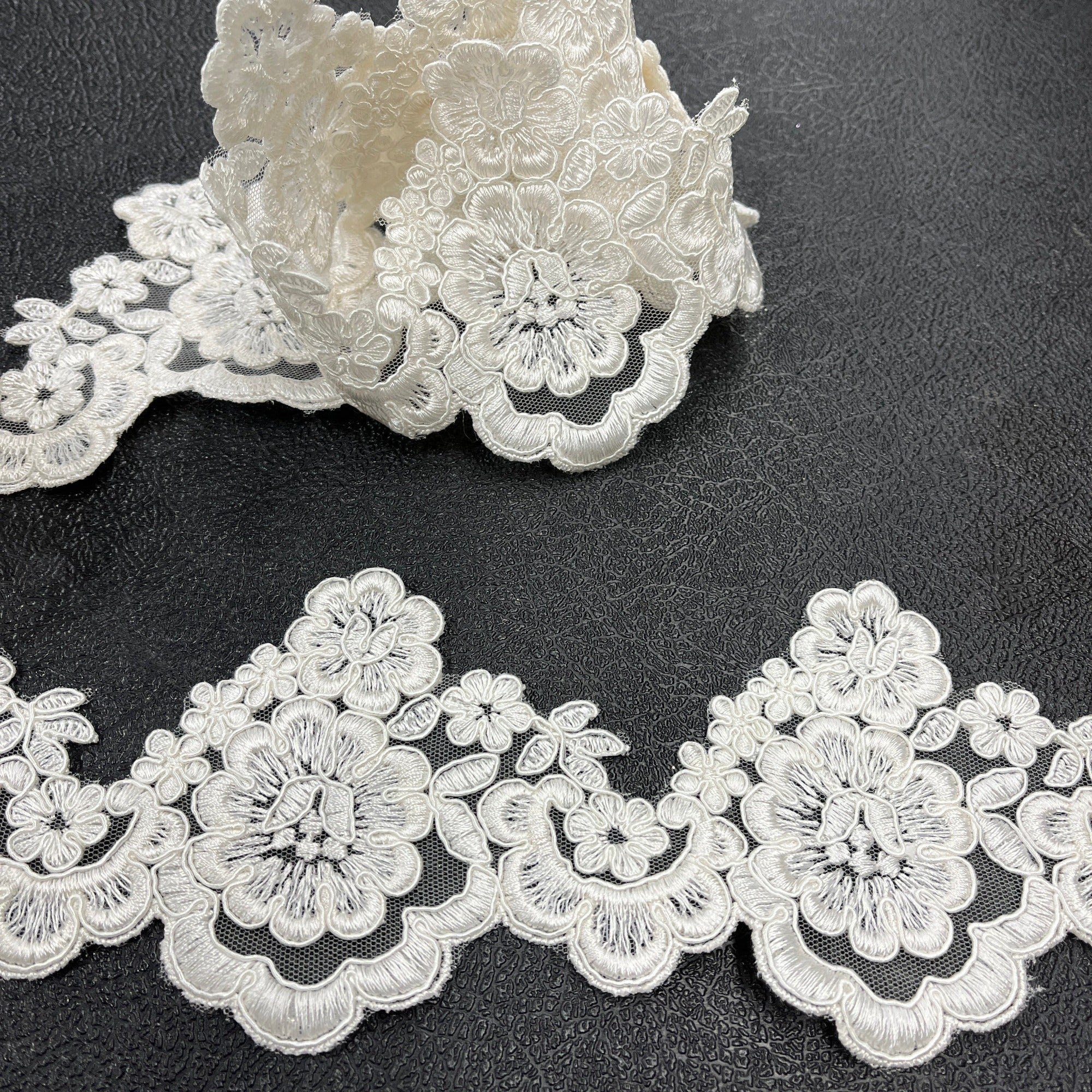 Corded Lace Trimming Embroidered on 100% Polyester Net Mesh | Lace USA