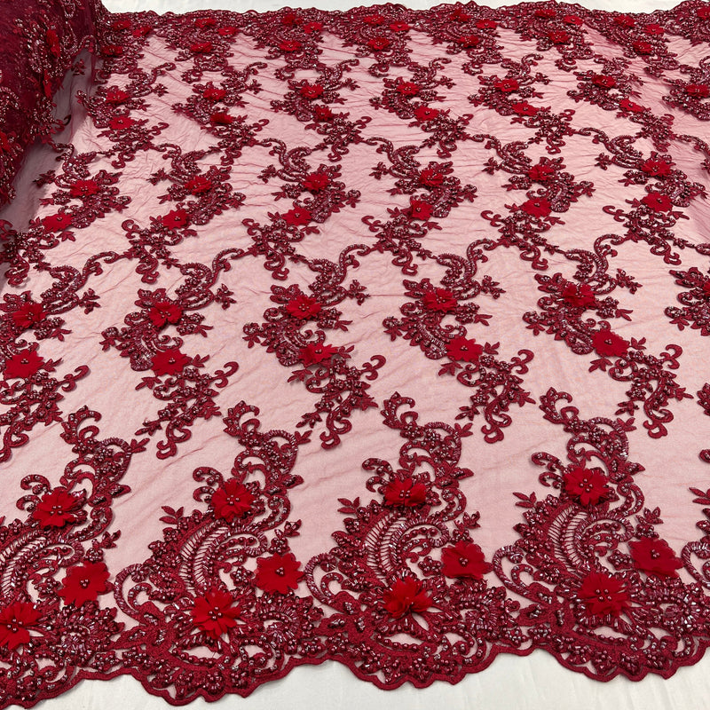 3D Beaded Floral Lace Fabric Embroidered on 100% Polyester Net Mesh | Spandex Palace