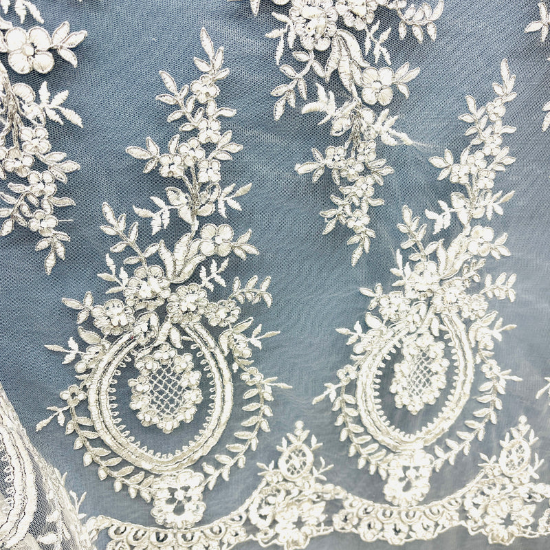 Beaded & Corded Lace Fabric Embroidered on 100% Polyester Net Mesh | Spandex Palace - 97055W-BPB