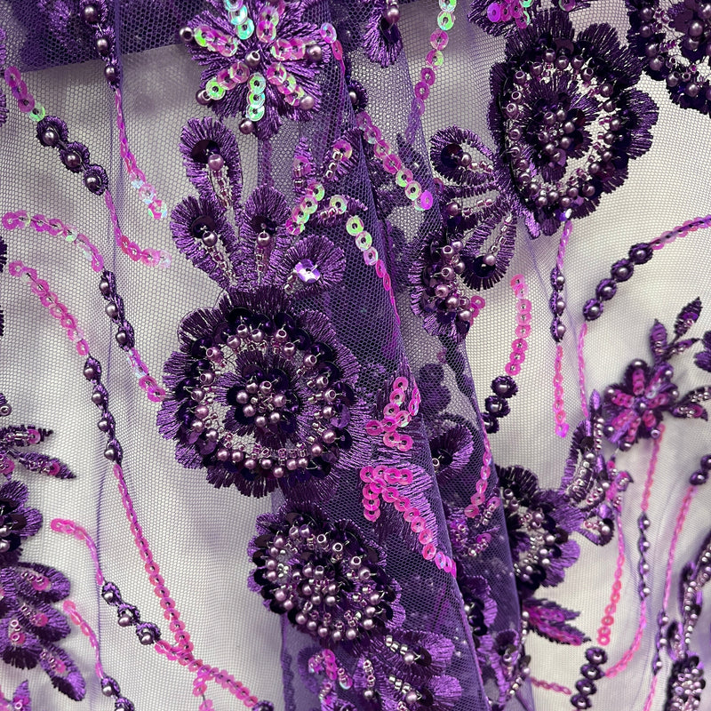 Beaded and Sequined Floral Sparkling Lace Fabric Embroidered on 100% Polyester Net Mesh| Spandex Palace