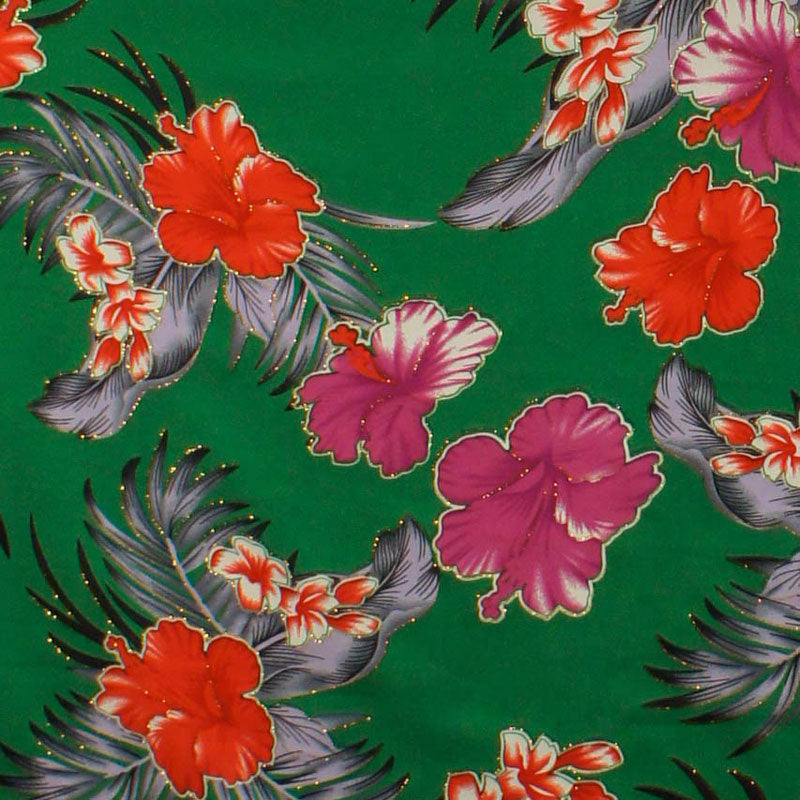 Hibiscus Plumeria Banana Leaves Palm Leaves Fabric  | Glitter Polyester