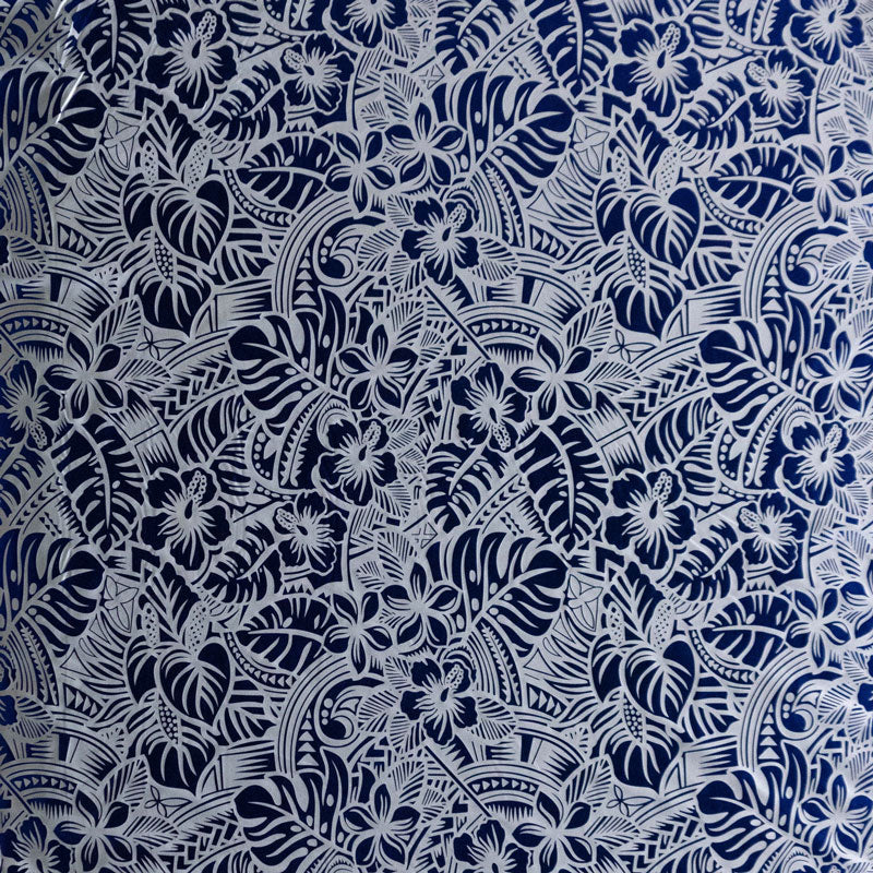 Hibiscus Plumeria Tiare Monstera,Musa Acuminata, Anthurium leaves Printed Polyester Foil Fabric  | Islands Fabric
