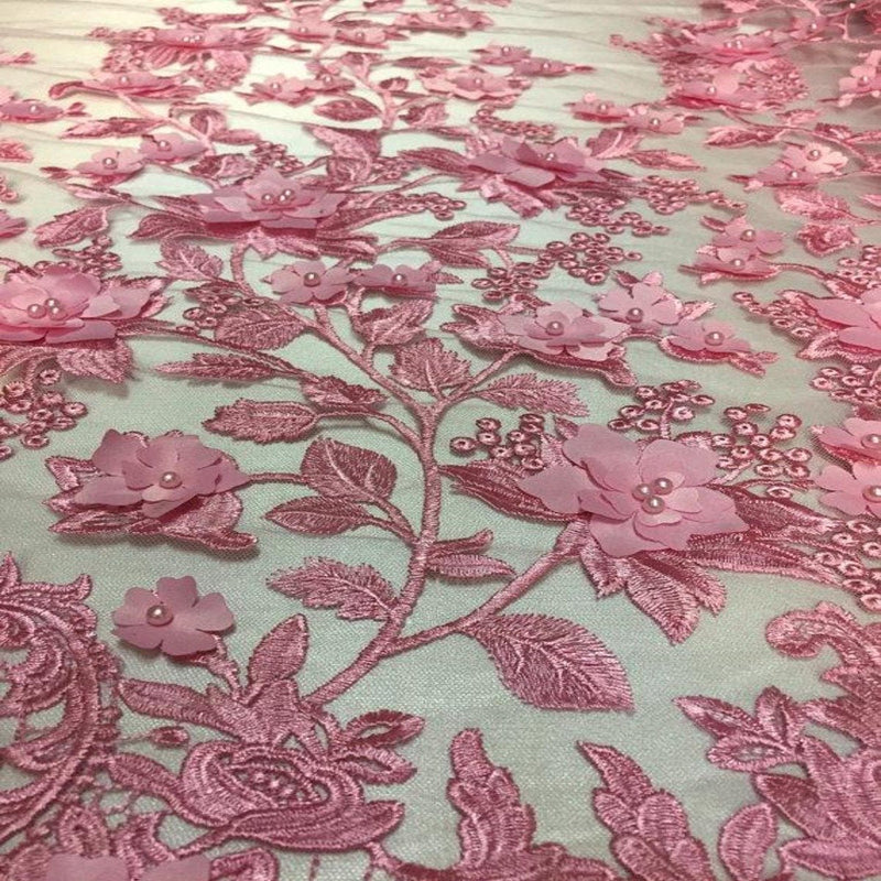 3D Embroidered Satin Floral Pearl Lace Fabric