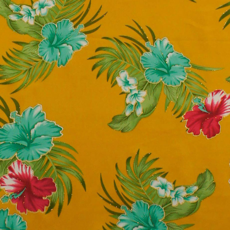 Hibiscus Plumeria Banana Leaves Palm Leaves Fabric  | Glitter Polyester