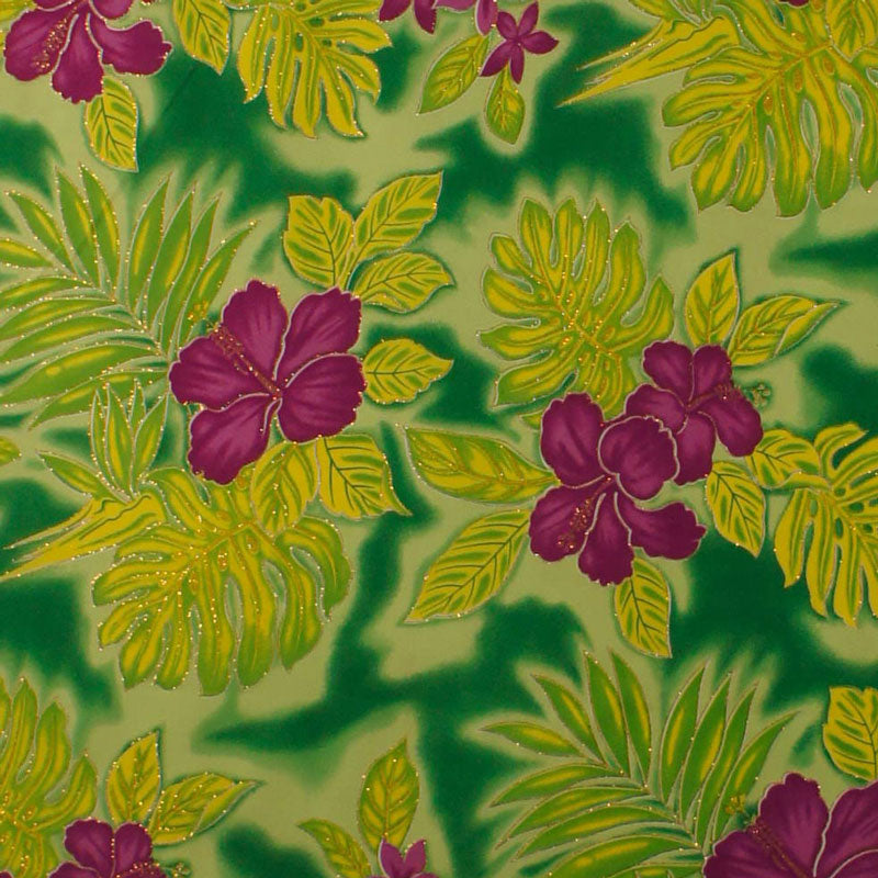 Hibiscus Plumeria Monstera Palm Leaves Fabric | Glitter Polyester