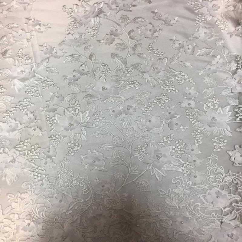 3D Embroidered Satin Floral Pearl Lace Fabric