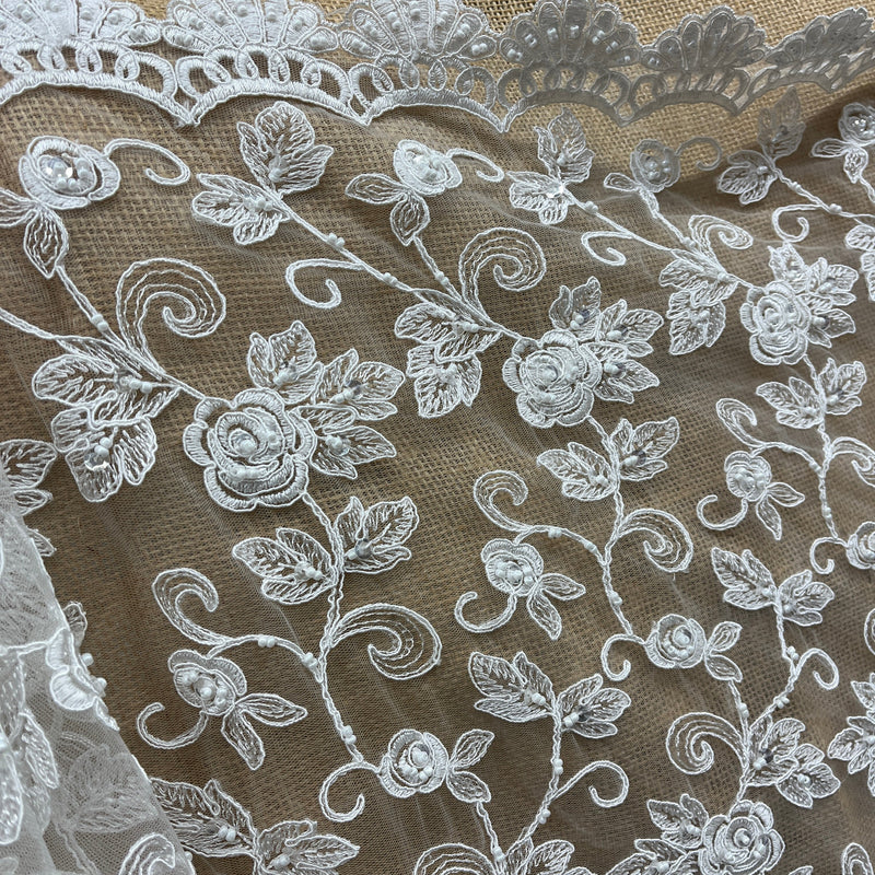 Beaded & Corded Bridal Lace Fabric Embroidered on 100% Polyester Net Mesh | Spandex Palace- 95042W-BP