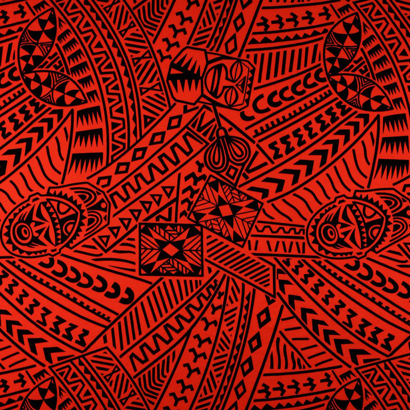 Polynesian Tiki Tribal Design Fabric | Polyester Flocking  | Spandex Palace