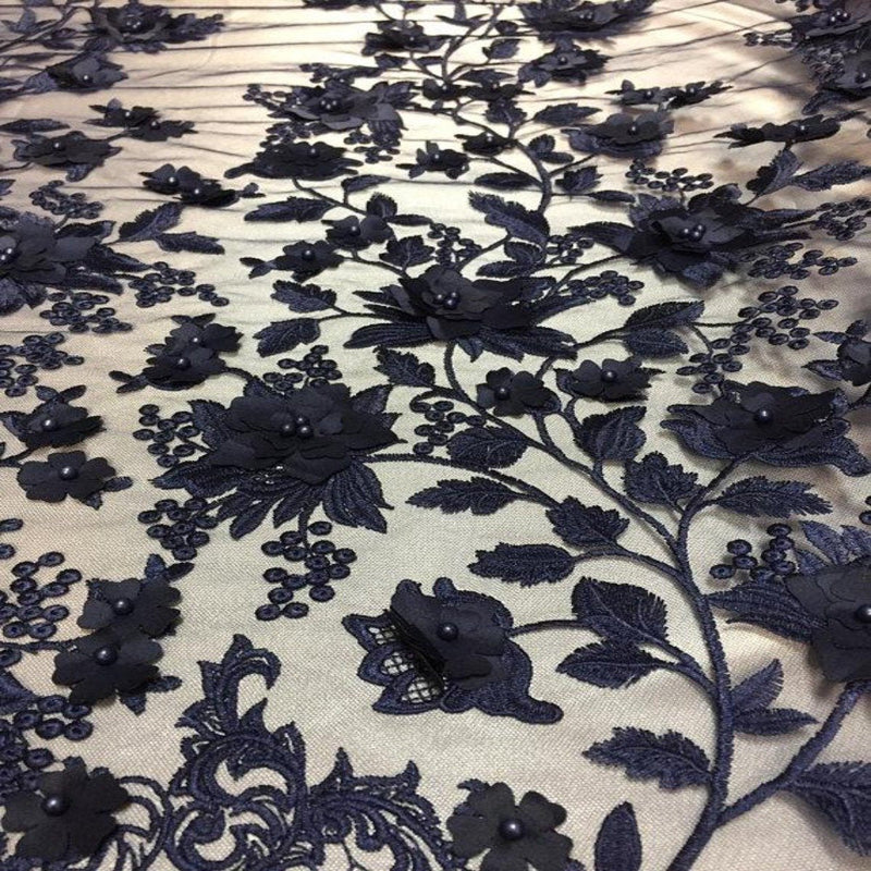 Navy Blue 3D Embroidered Satin Floral Pearl Lace Fabric