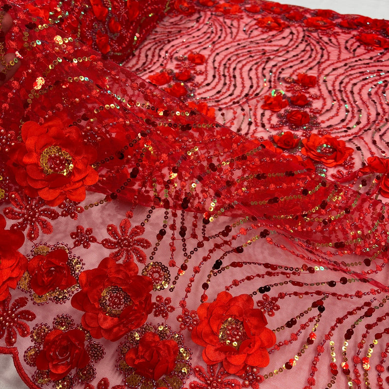 Beaded and Sequined 3D Floral Sparkling Lace Fabric Embroidered on 100% Polyester Net Mesh | Spandex Palace- GD-2212