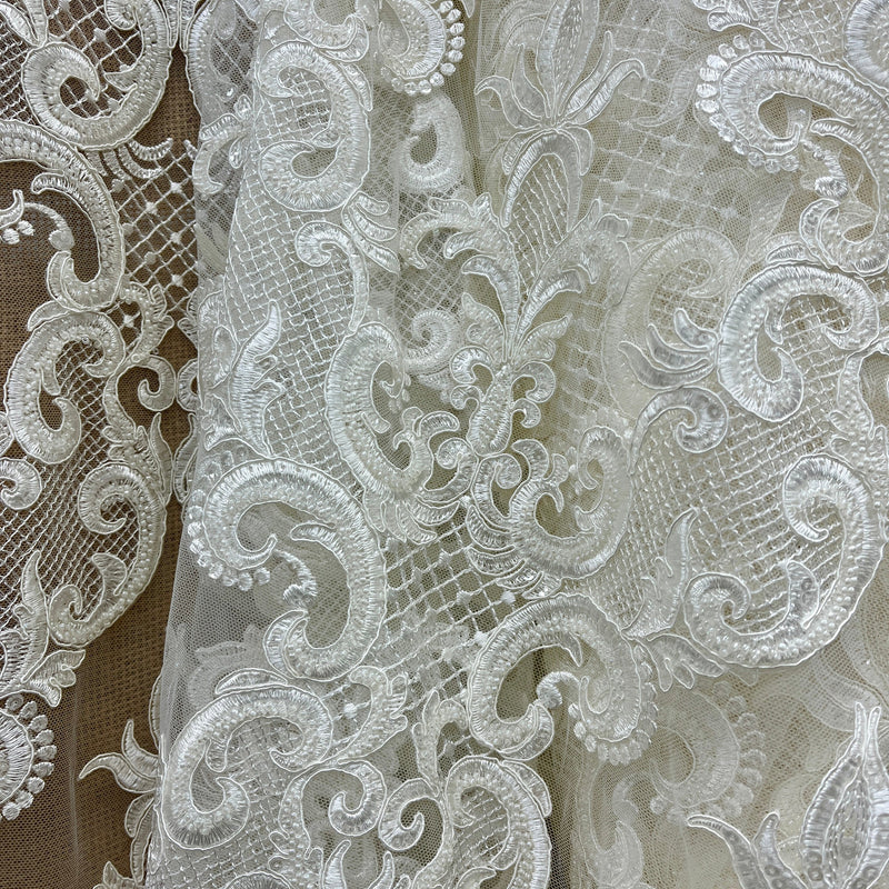 Beaded & Corded Bridal Lace Fabric Embroidered on 100% Polyester Net Mesh | Lace USA - GD-55924