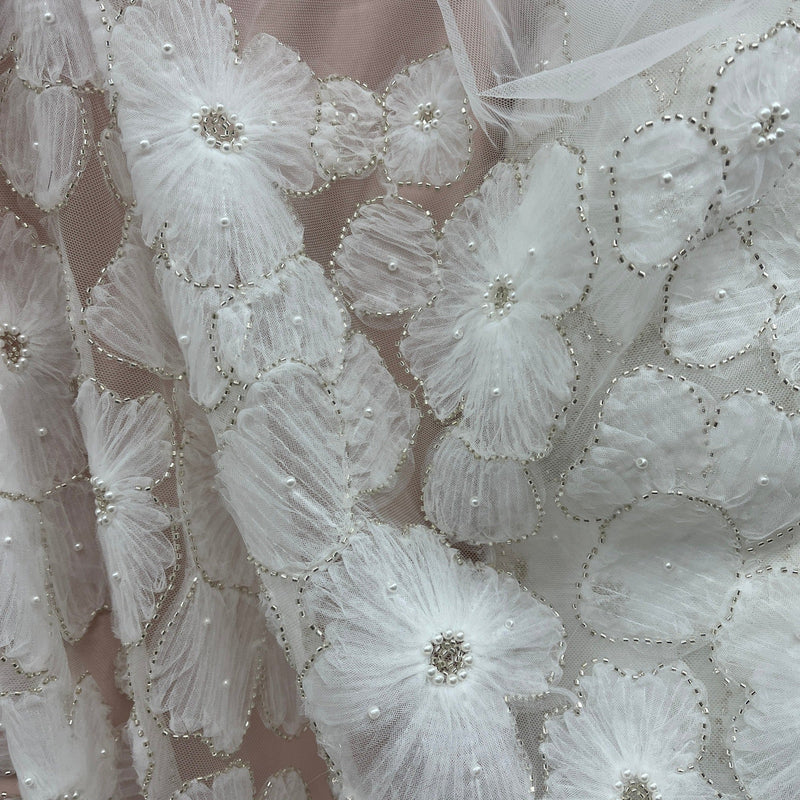 Beaded 3D Floral Lace Fabric Embroidered on 100% Polyester Net Mesh | Spandex Palace - GD-216