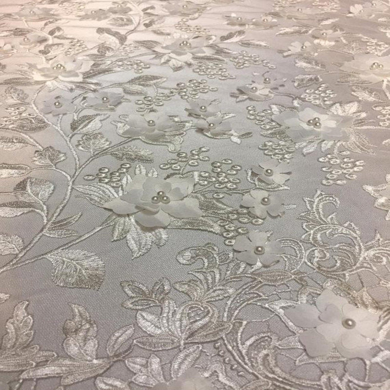 Off White 3D Embroidered Satin Floral Pearl Lace Fabric