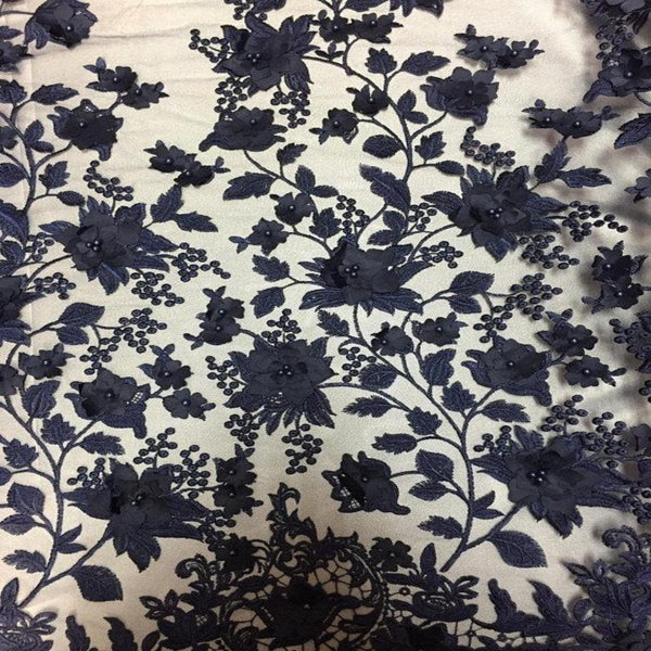 Navy Blue 3D Embroidered Satin Floral Pearl Lace Fabric