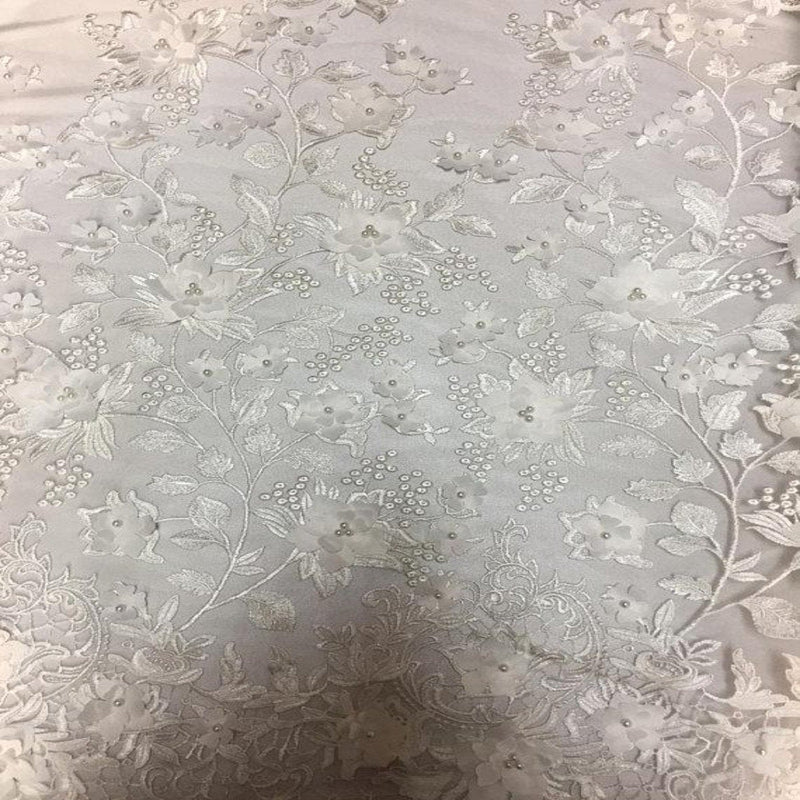 3D Embroidered Satin Floral Pearl Lace Fabric