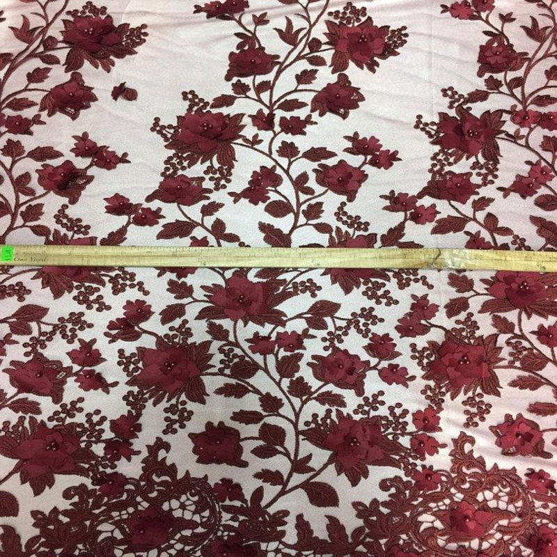 Pink 3D Embroidered Satin Floral Pearl Lace Fabric