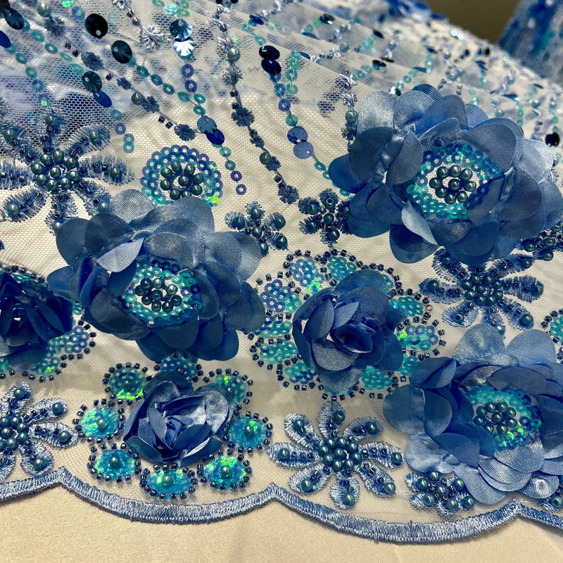 Beaded and Sequined 3D Floral Sparkling Lace Fabric Embroidered on 100% Polyester Net Mesh | Spandex Palace- GD-2212