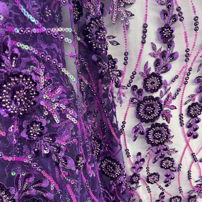 Beaded and Sequined Floral Sparkling Lace Fabric Embroidered on 100% Polyester Net Mesh| Spandex Palace