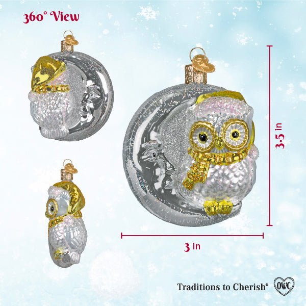 Sterling Snow Owl On Moon Ornament - Spandex PalaceOld World Christmas