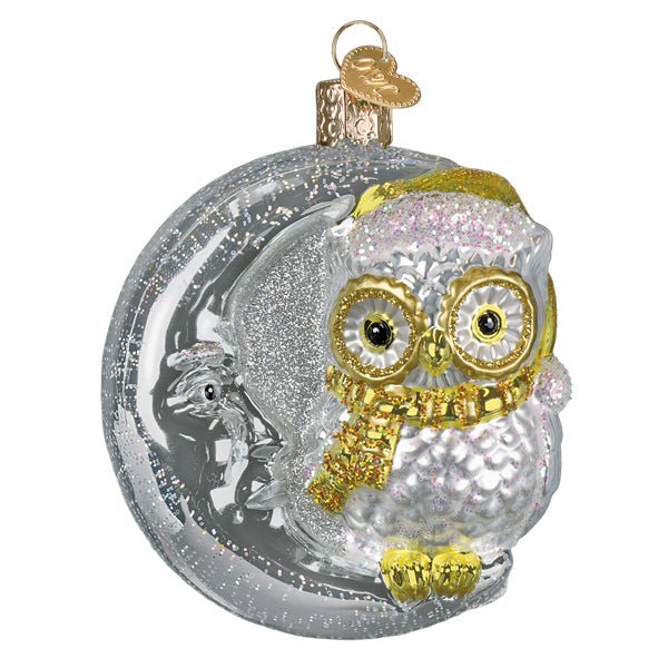 Sterling Snow Owl On Moon Ornament - Spandex PalaceOld World Christmas