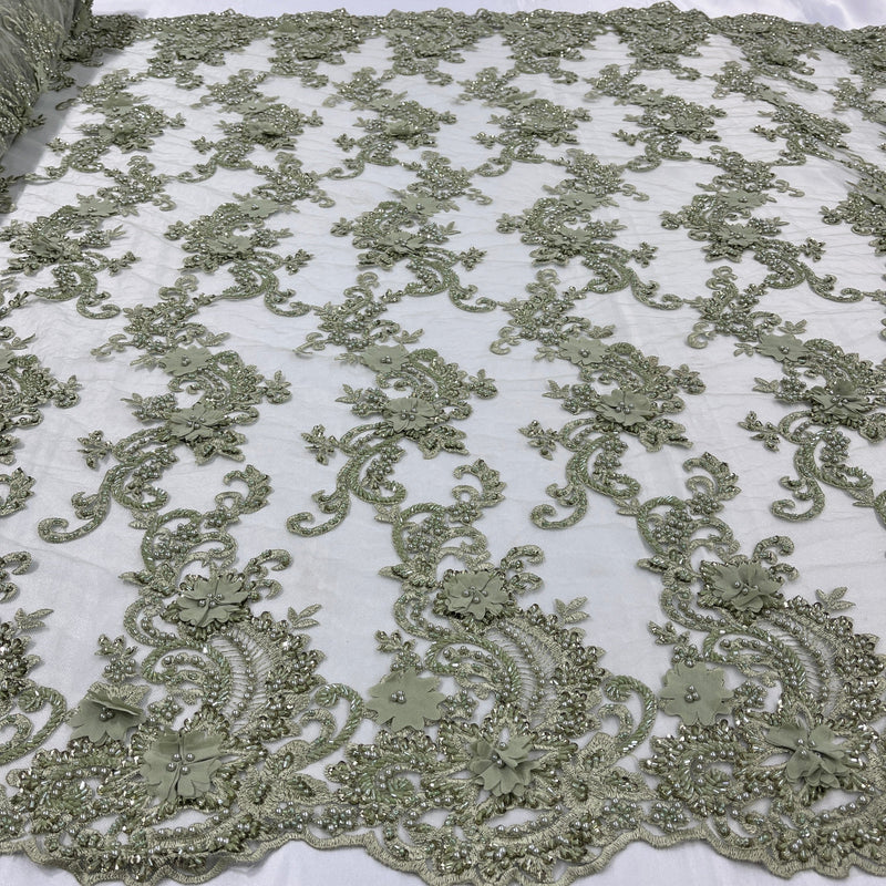 3D Beaded Floral Lace Fabric Embroidered on 100% Polyester Net Mesh | Spandex Palace