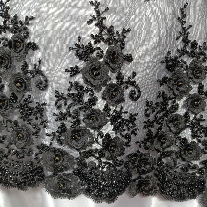 Beaded & Rhinestone 3D Floral Lace Fabric Embroidered on 100% Polyester Net Mesh | Lace USA - GD-14