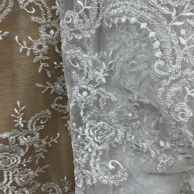 Corded Bridal Lace Fabric Embroidered on 100% Polyester Net Mesh | Spandex Palace