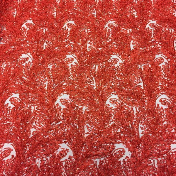 Red Cozy Pop Thread Floral Sequins Lace Fabric