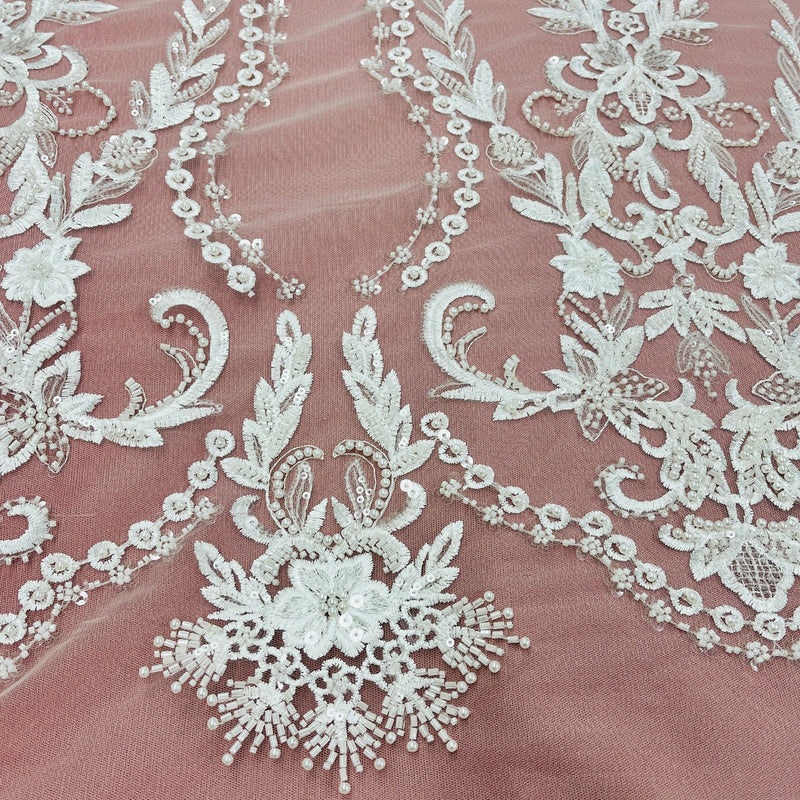 Beaded Lace Fabric Embroidered on 100% Polyester Net Mesh | Lace USA - GD-237341