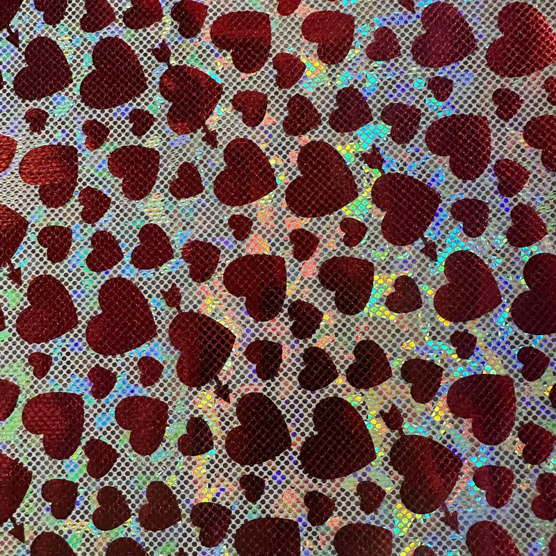 Heart Foil Nylon Spandex Tricot Double Metallic Fabric | Spandex Palace White Red