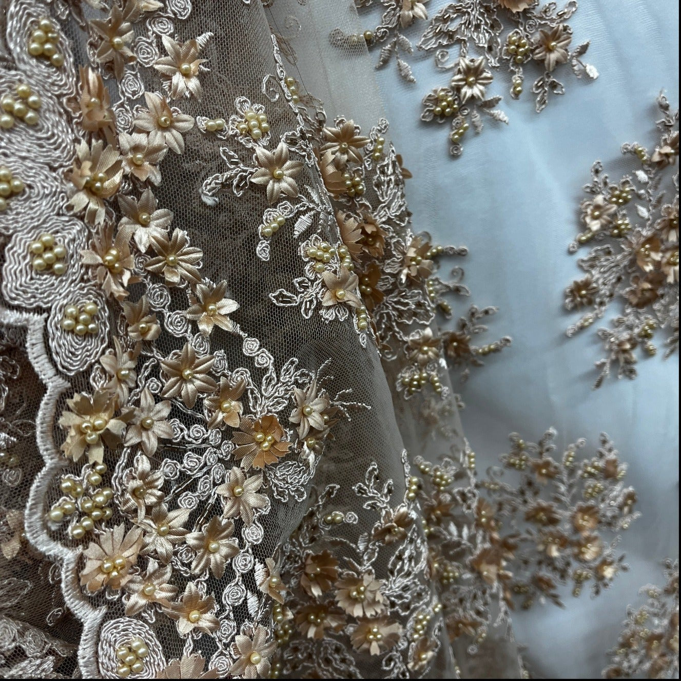 Beaded 3D Floral Lace Fabric Embroidered on 100% Polyester Net Mesh | Lace USA - GD-361