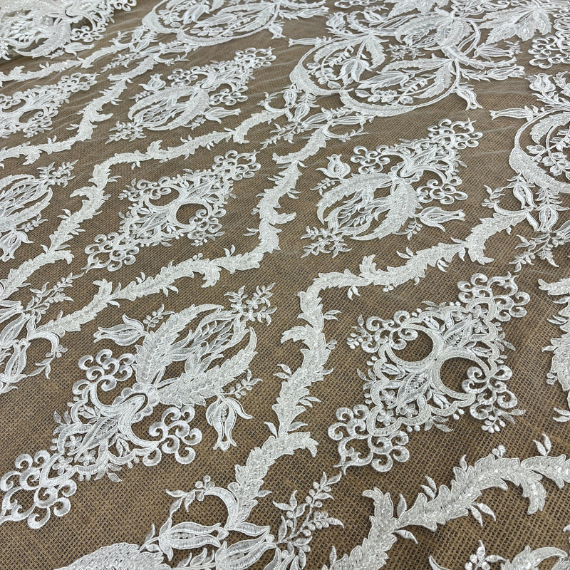 Beaded & Corded Bridal Lace Fabric Embroidered on 100% Polyester Net Mesh | Lace USA - GD-56425