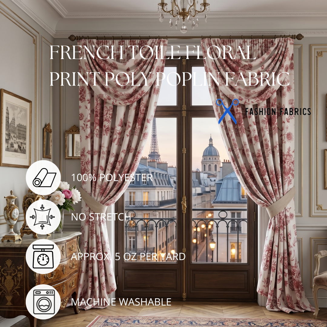 French Toile Floral Print Poly Poplin Fabric