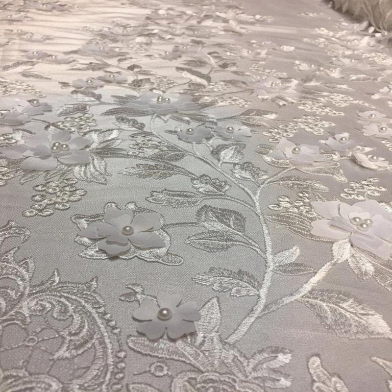 3D Embroidered Satin Floral Pearl Lace Fabric