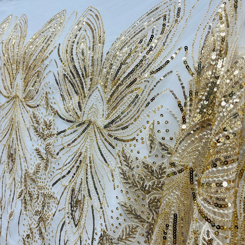 Beaded & Sequined Lace Fabric Embroidered on 100% Polyester Net Mesh | Spandex Palace - GD-2918