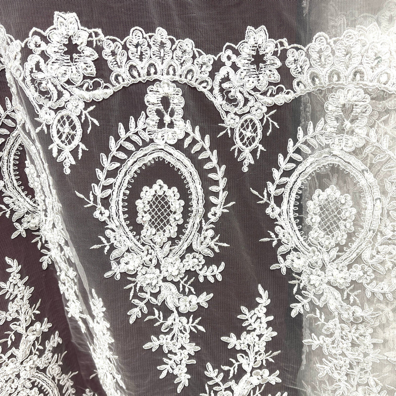 Beaded & Corded Lace Fabric Embroidered on 100% Polyester Net Mesh | Spandex Palace - 97055W-BPB