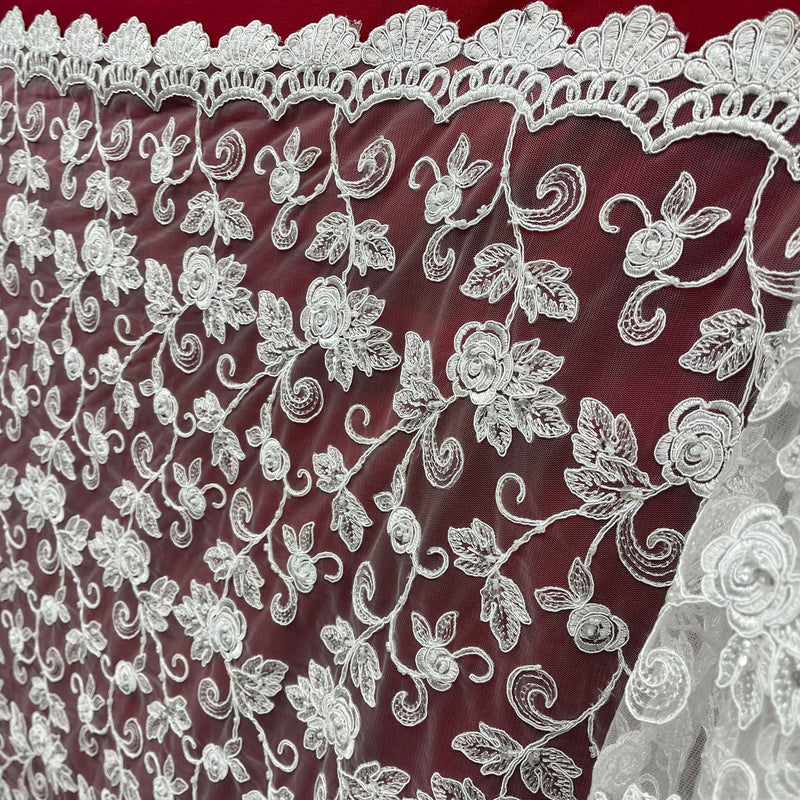 Beaded & Corded Bridal Lace Fabric Embroidered on 100% Polyester Net Mesh | Spandex Palace- 95042W-BP