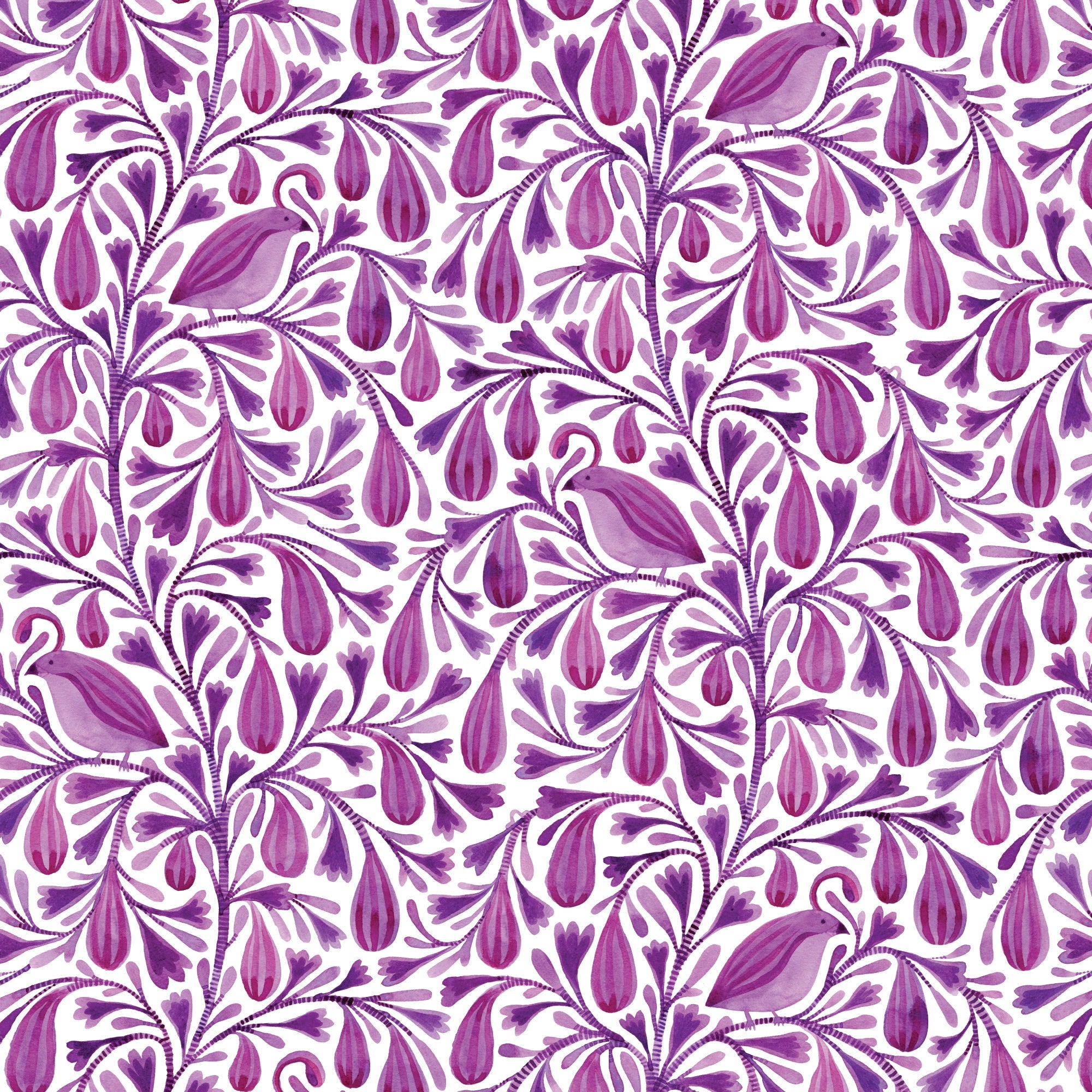 Dark Magenta Prince Birds and Branches Cotton 44”/45” Fabric Per Yard