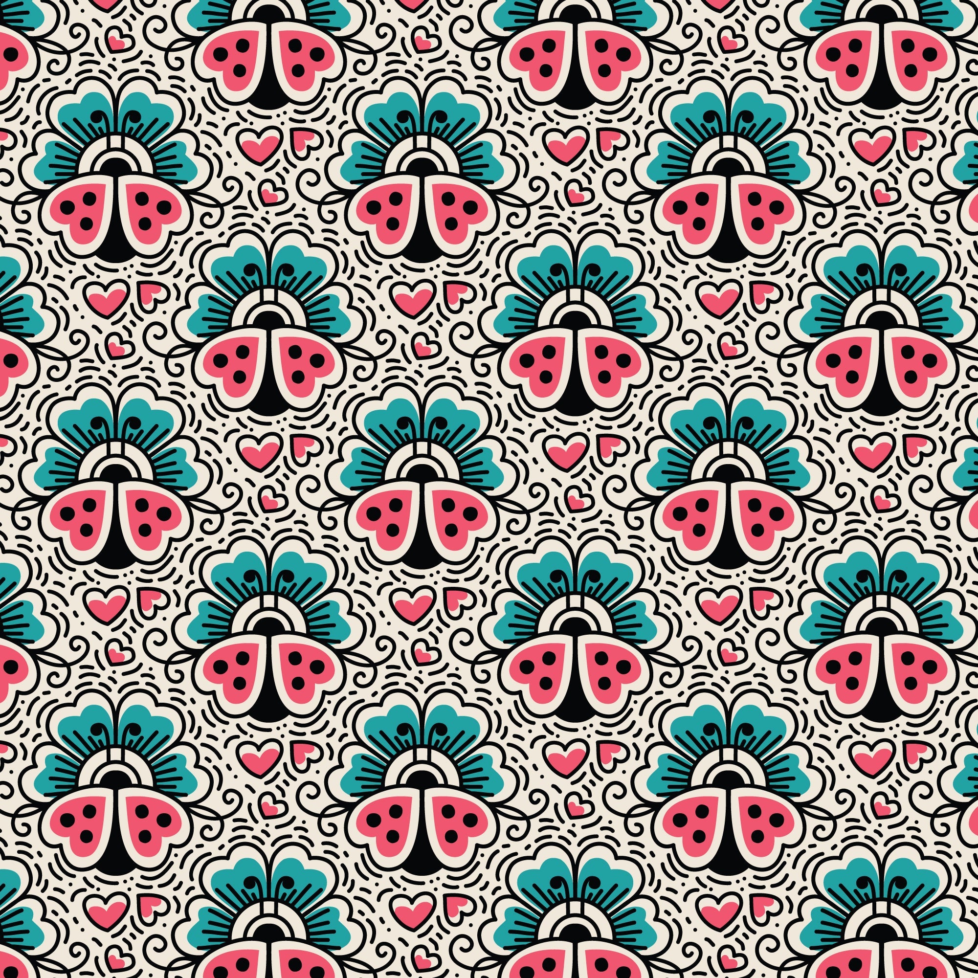 Ladybugs and Flowers Love Ink 3387 Cotton 44/45 Fabric Per Yard
