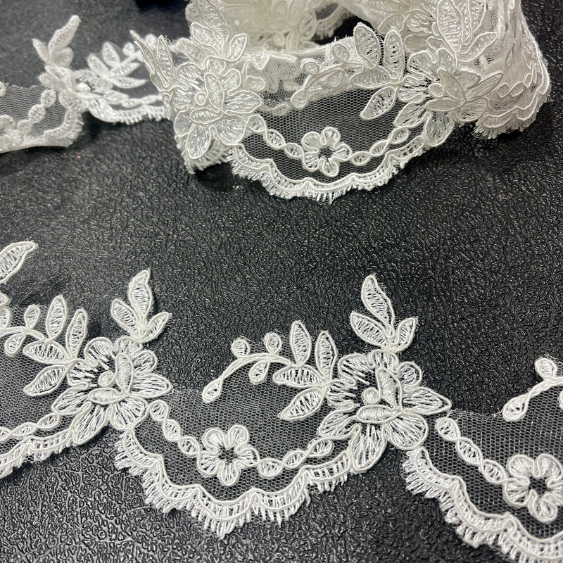 Corded Lace Trimming Embroidered on 100% Polyester Net Mesh | Lace USA - 96665W/1