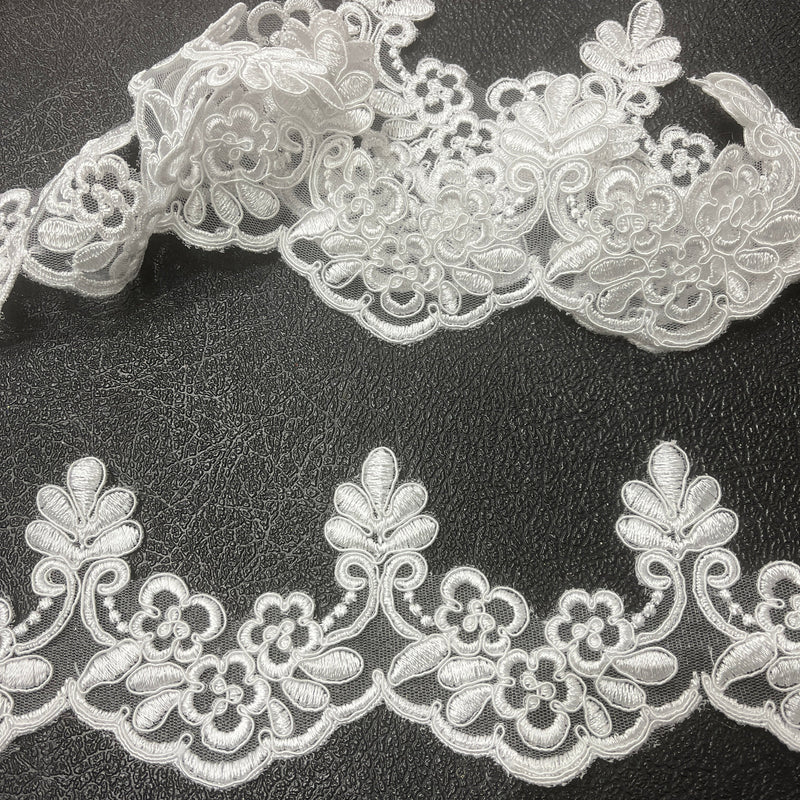 Corded Lace Trimming Embroidered on 100% Polyester Net Mesh | Spandex Palace- 95967W/1