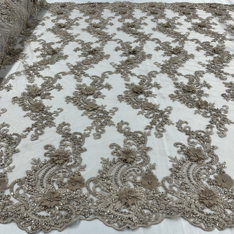 3D Beaded Floral Lace Fabric Embroidered on 100% Polyester Net Mesh | Spandex Palace