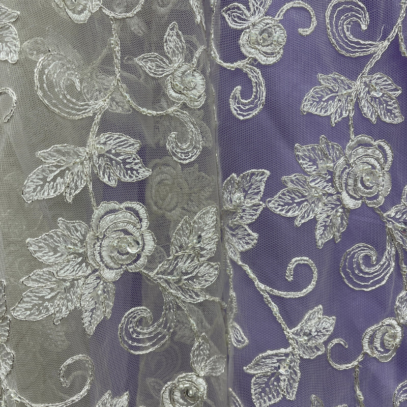 Beaded & Corded Bridal Lace Fabric Embroidered on 100% Polyester Net Mesh | Spandex Palace- 95042W-BP