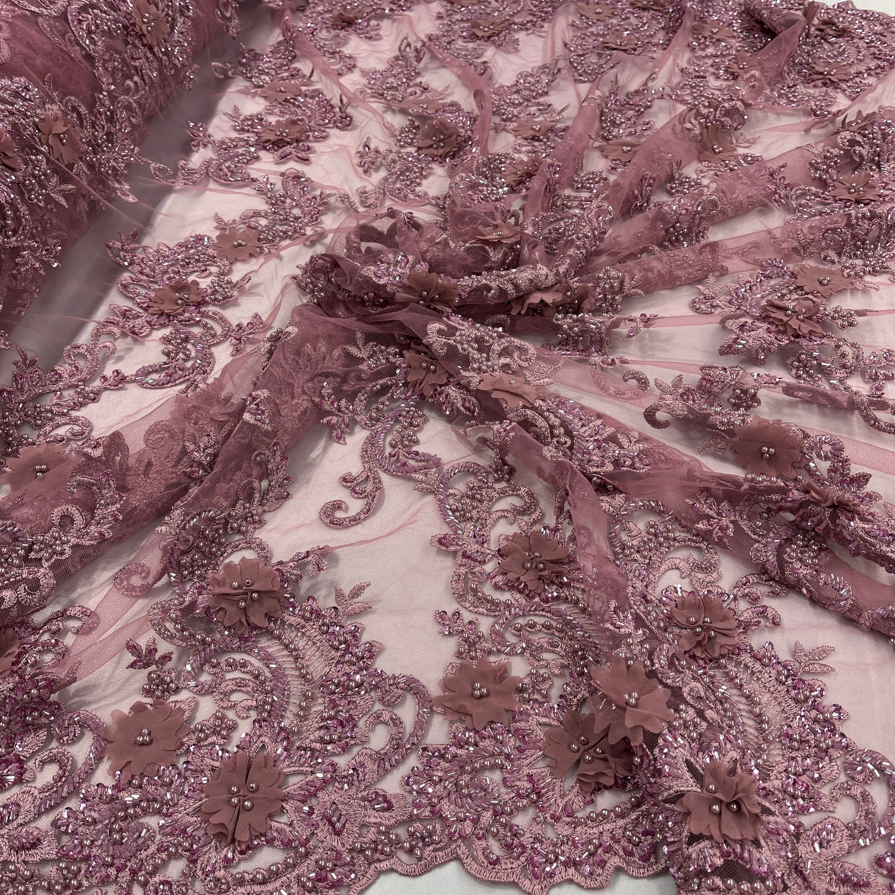 3D Beaded Floral Lace Fabric Embroidered on 100% Polyester Net Mesh | Spandex Palace