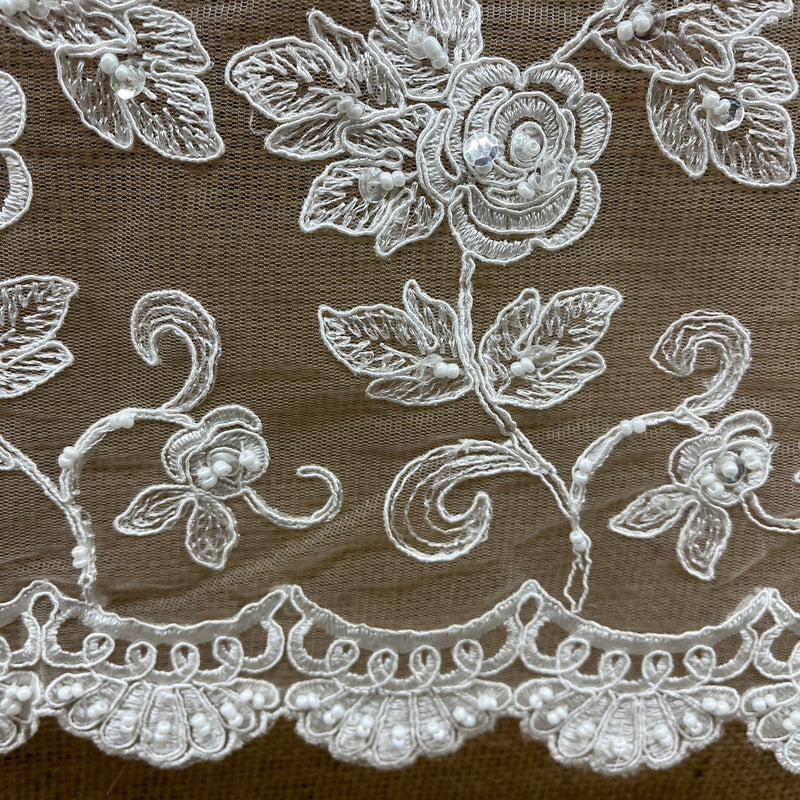 Beaded & Corded Bridal Lace Fabric Embroidered on 100% Polyester Net Mesh | Spandex Palace- 95042W-BP