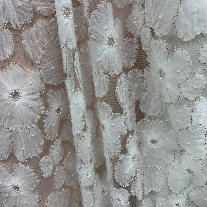 Beaded 3D Floral Lace Fabric Embroidered on 100% Polyester Net Mesh | Spandex Palace - GD-216