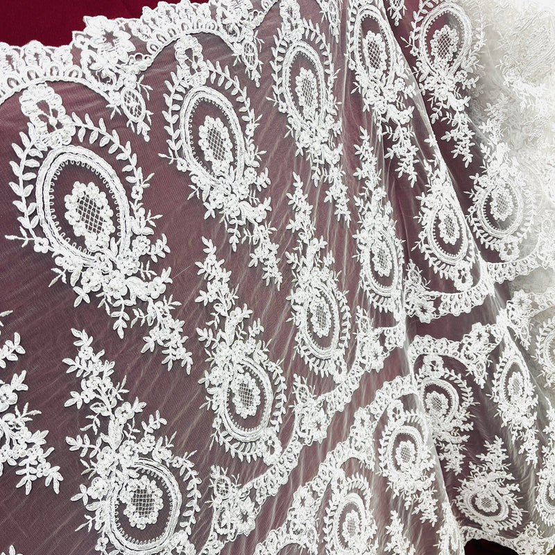 Beaded & Corded Lace Fabric Embroidered on 100% Polyester Net Mesh | Spandex Palace - 97055W-BPB