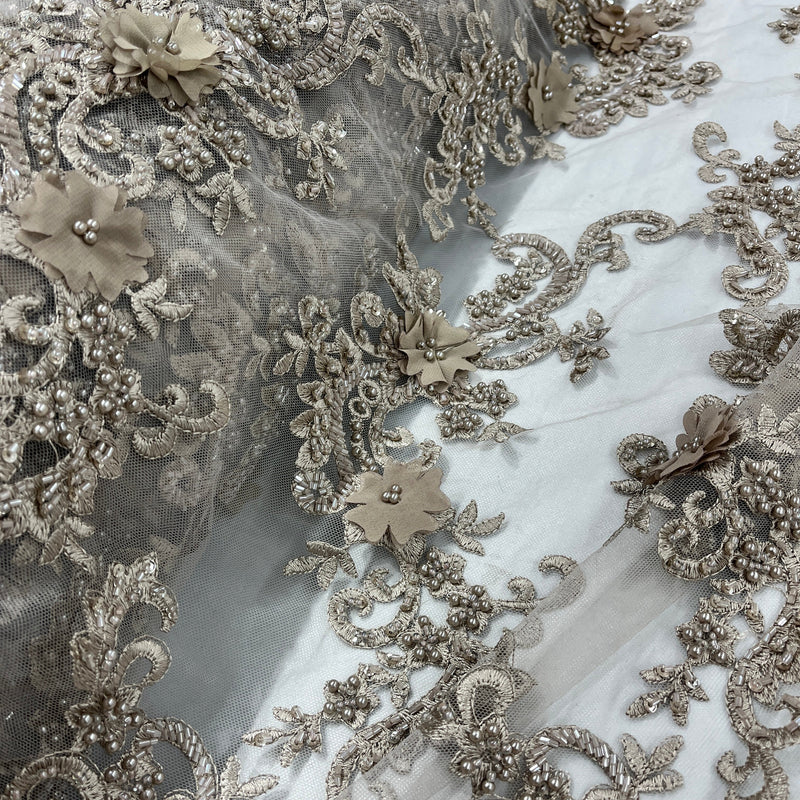 3D Beaded Floral Lace Fabric Embroidered on 100% Polyester Net Mesh | Lace USA - GD-2303