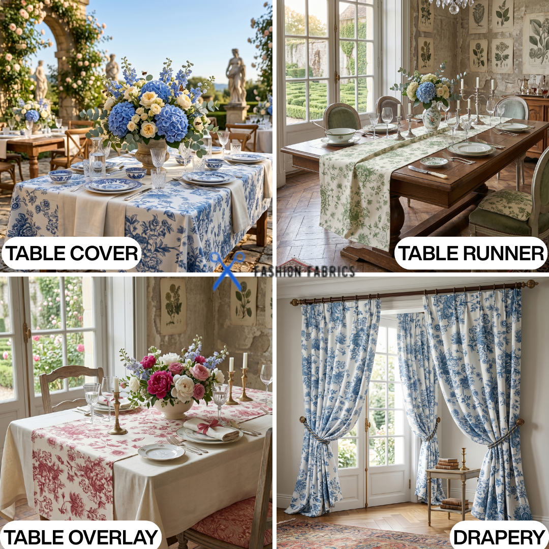 French Toile Floral Print Poly Poplin Fabric